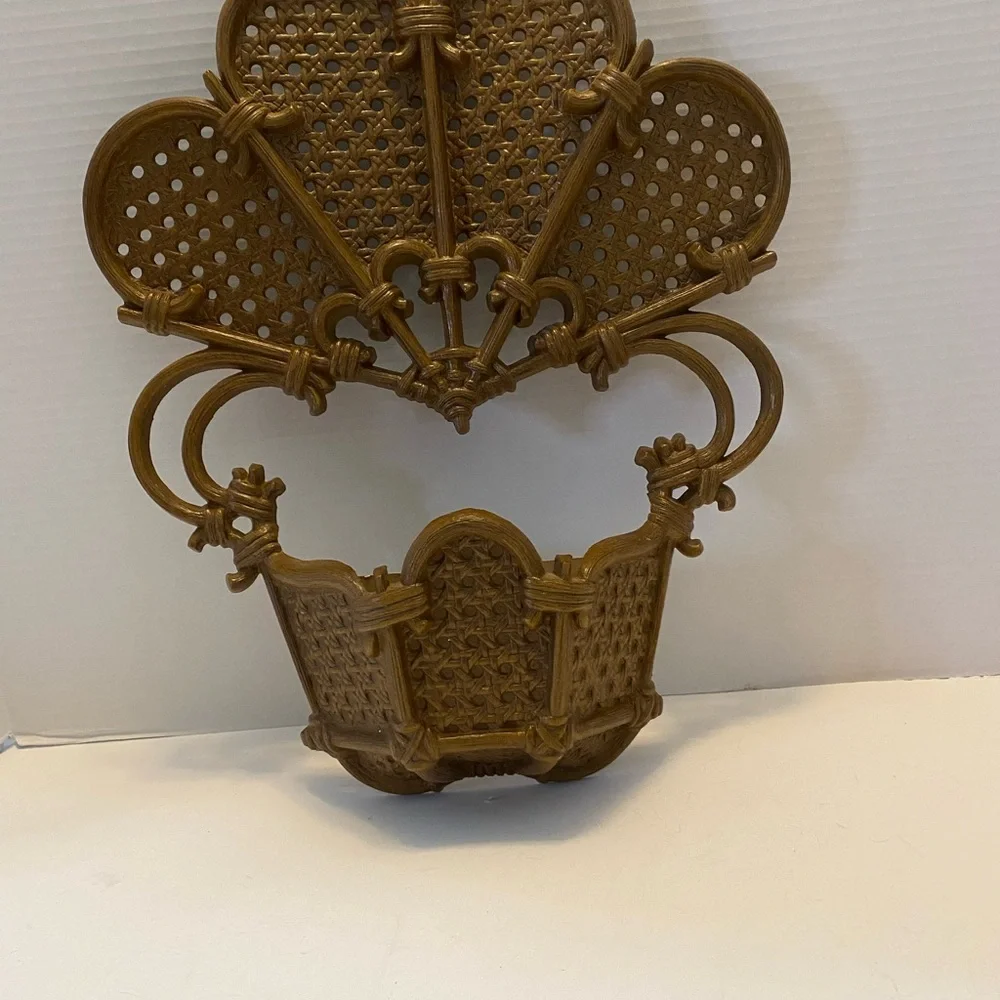 Vintage 1981 Burwood Faux Wicker Rattan Hanging Wall Pocket Planter MCM USA